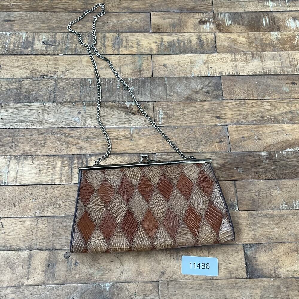 Vintage Clutch Handbag Kiss Lock Genuine Teju Lizard Skin Leather Patchwork - Picture 10 of 11